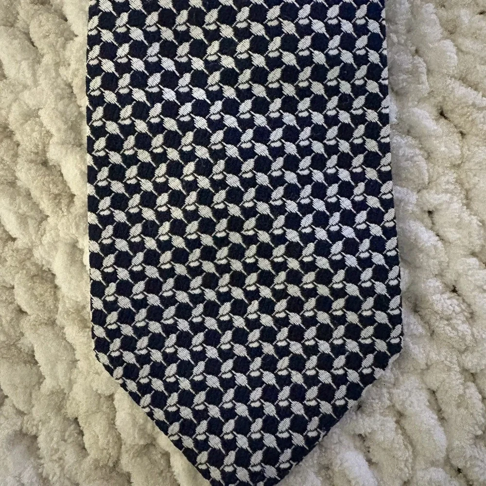 Vintage Christian Dior Silk Neck Tie Navy Blue Geometric Pattern Quiet Luxury